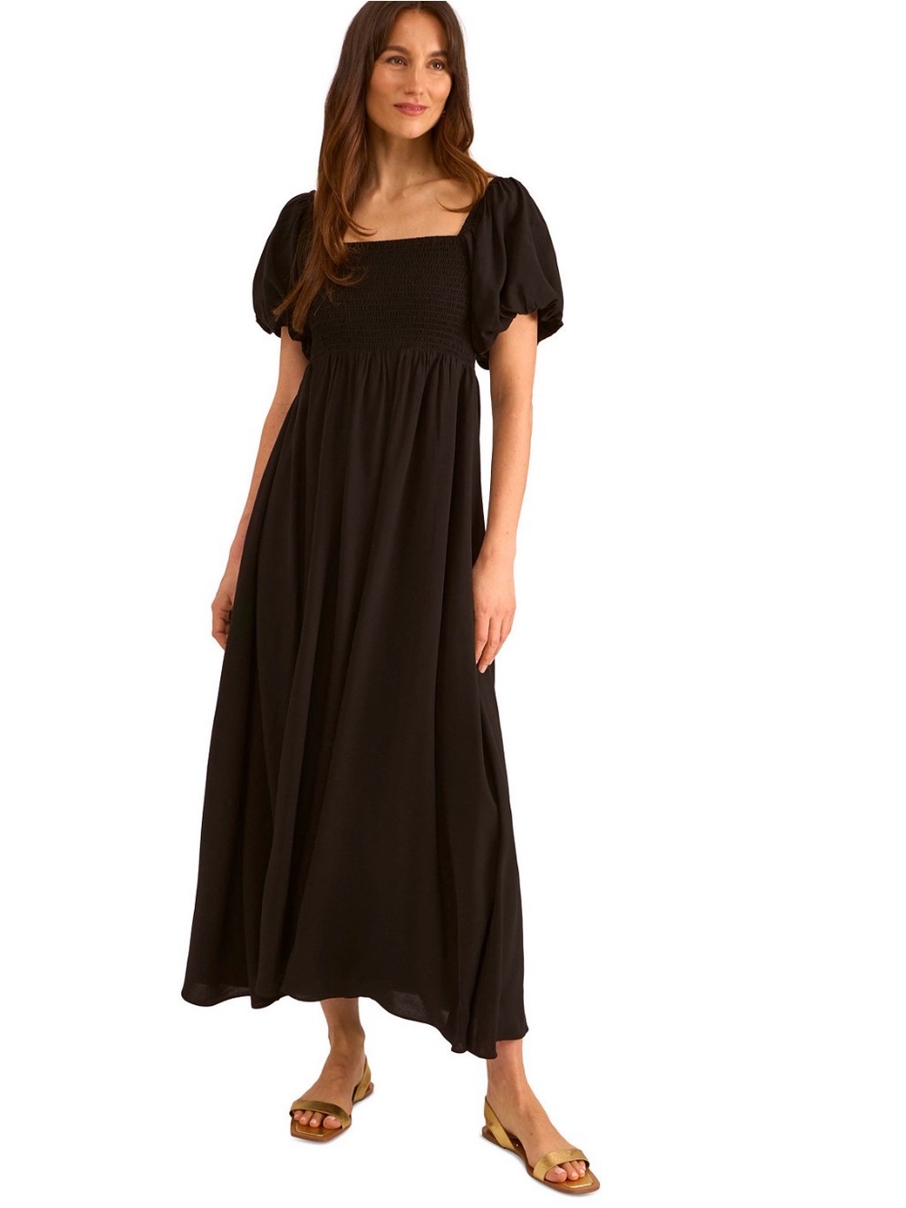Vince Camuto Black Smocked Bodice Puff-Sleeve Maxi Dress